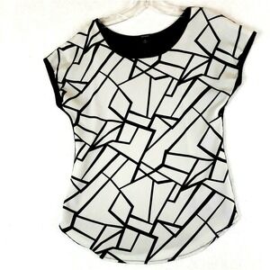 Espresso Women Medium Blouse Black White Geo Print Short Sleeve Dolman Pullover
